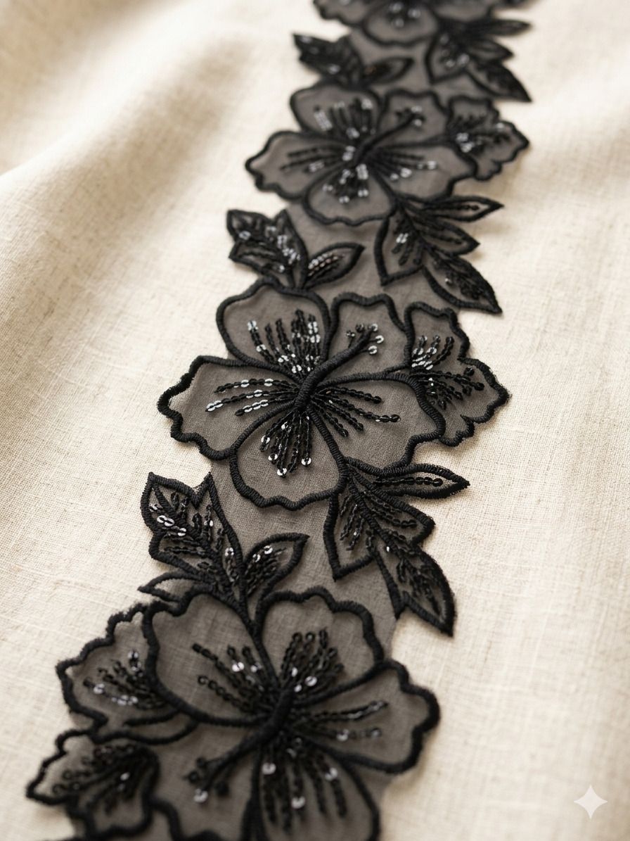 Black Flower Embroidery Lace Ribbon for Blouse, Dupatta & Gown Decoration Floral Embroidery Lace Border Trim 3 Meter Designer Sewing Craft Fabric Lace Lace Reel-image-19
