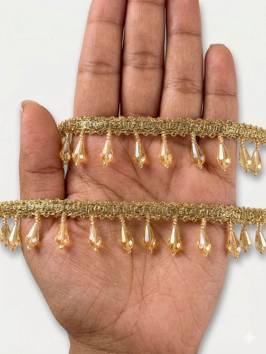 ssfl Rainbow Shining Golden Crystal Drop Latkan Lace 2 Mts Golden Hanging Bead Tassel Border Trim for Saree, Lehenga, Dupatta, Blouse, Craft & Decoration Lace Reel-picture-12