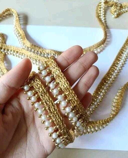 White and Golden Beads Lace Handmade Lace Reel 4.5 METER Salwar Kameez, Dupatta, Kurti, Saree, Blouse, Crafts & Home Décor Lace Reel-image-1