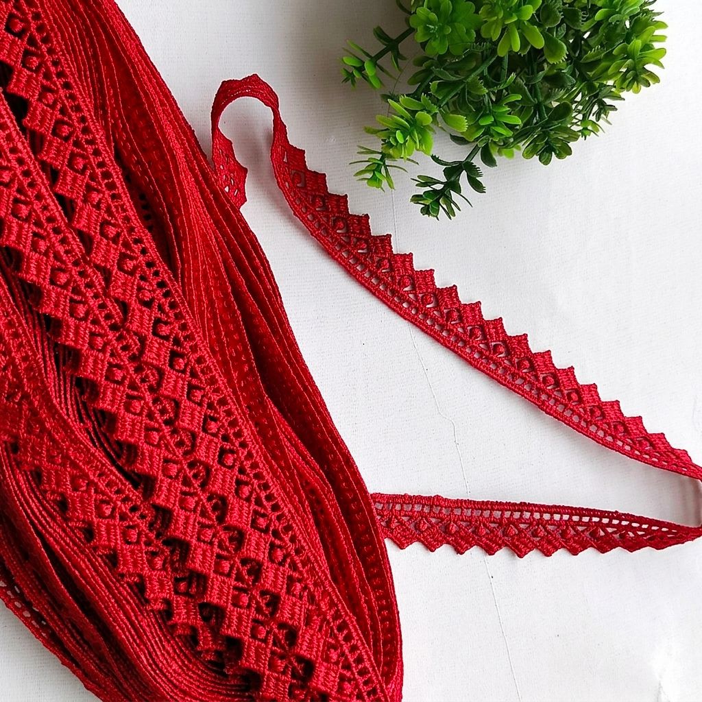 RED Colour barfi Design cotton lace 20 Meters (Wdth:Half Inch) Lace Reel-image-8