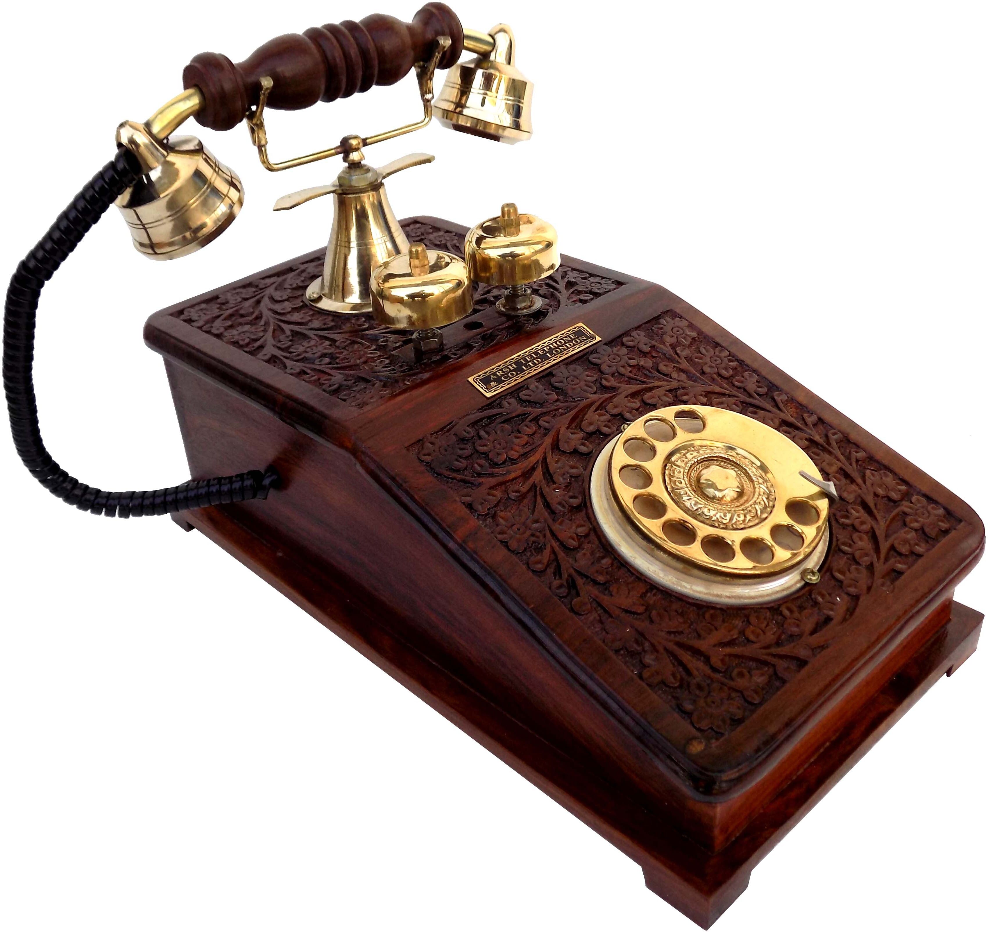 SHEESHAM WOOD MADE VINTAGE ROTARY DIALLER WELL CARVED TELEPHONE Corded Landline Phone-image-7
