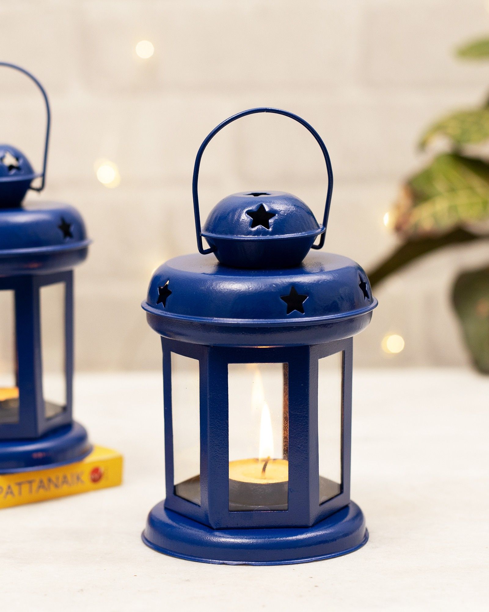 flipkart smartbuy Star Light Decorative Metal Lantern Indoor/Outdoor Hanging Lantern, Set of 2 Designer Candle Tealight Holder, Blue Metal Table Lantern-picture-35