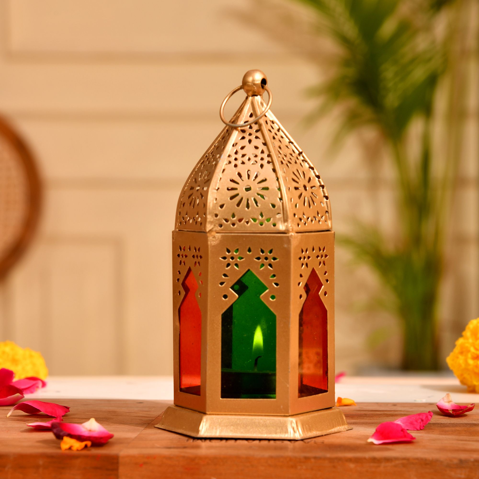 khwajadarbar Decorative Moroccan Style Dia Lamp Lantern | Multicolor Glass Tealight Holder Gold Brass, Glass Table Lantern-picture-36