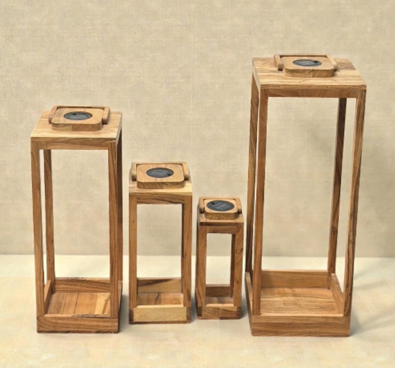 outset Set of 4 Open Frame Acacia Wood Lantern with Solar Light Brown Wooden Table Lantern-picture-31