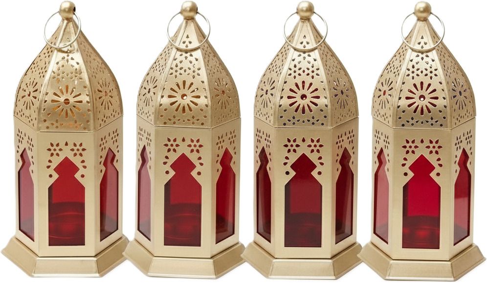 Hexagonal Filigree Glass Hanging Lantern Set Gold Metal Table Lantern-image-4