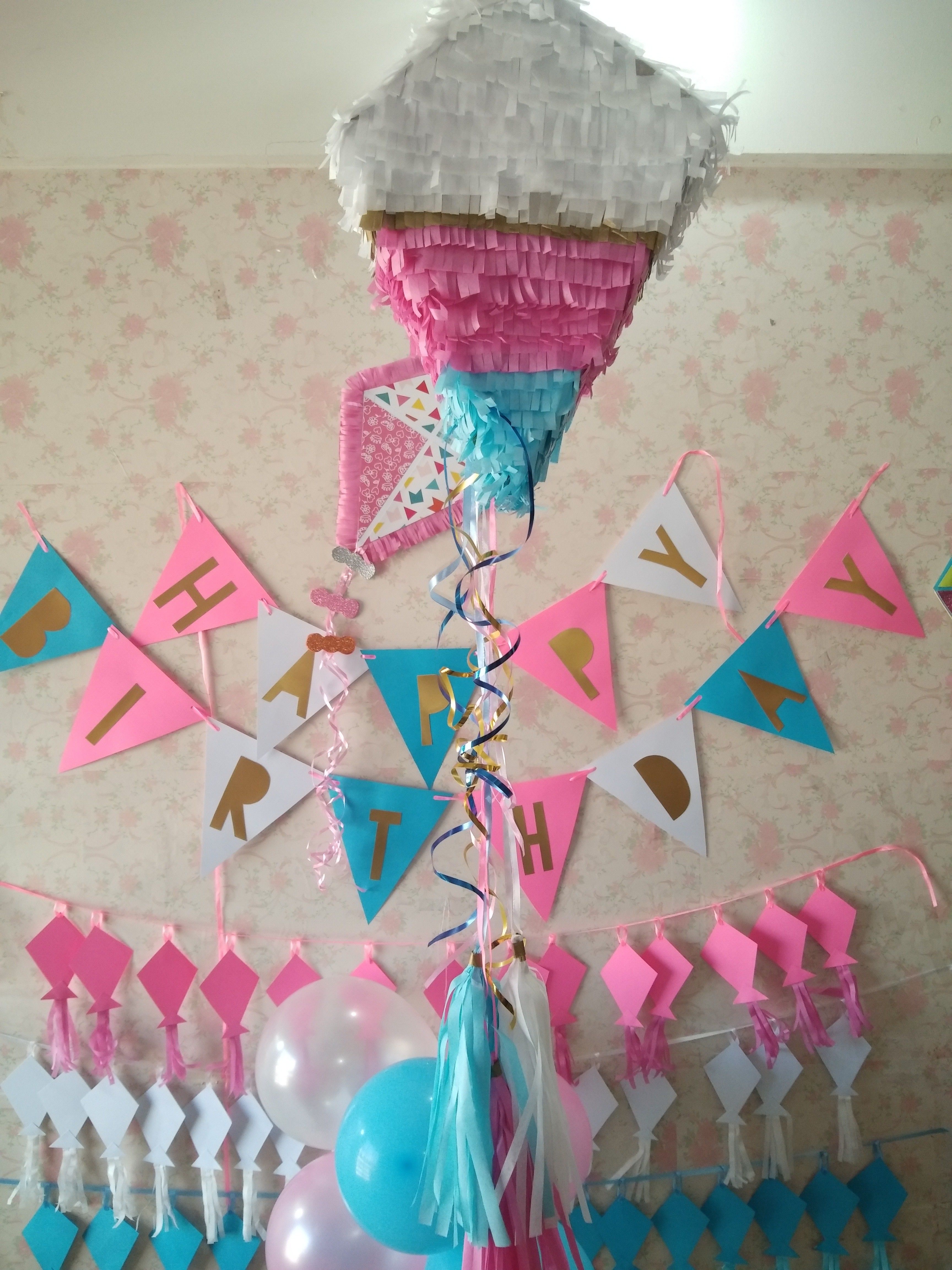 Kite shape piñata (pull string) for a kite with bday banner and kite garlands. Pink Paper Hanging Lantern-image-34
