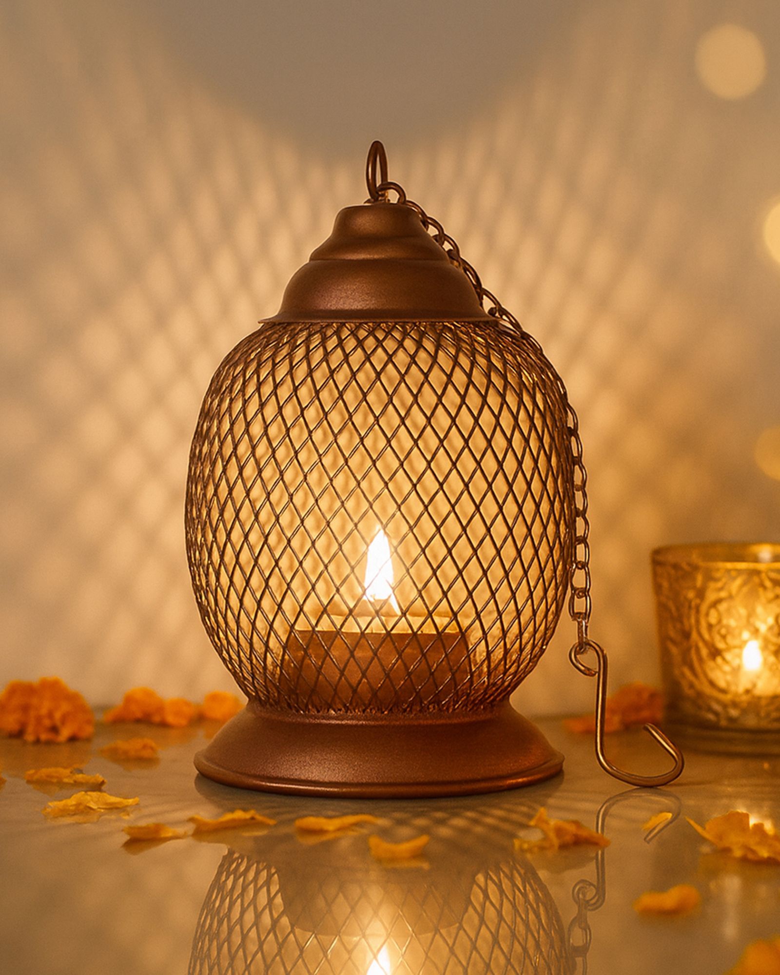 homesake Copper Metal Wire Mesh Candle Holder, Decorative Tabletop Stand for Home, Diwali Brown Metal Hanging Lantern-picture-43