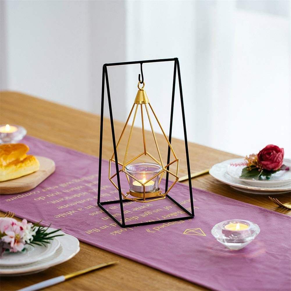 Modern Geometric Hanging Tea Light Holder For Décor, Candlelight Dinner, Gifting Black, Gold Metal Hanging Lantern-image-0