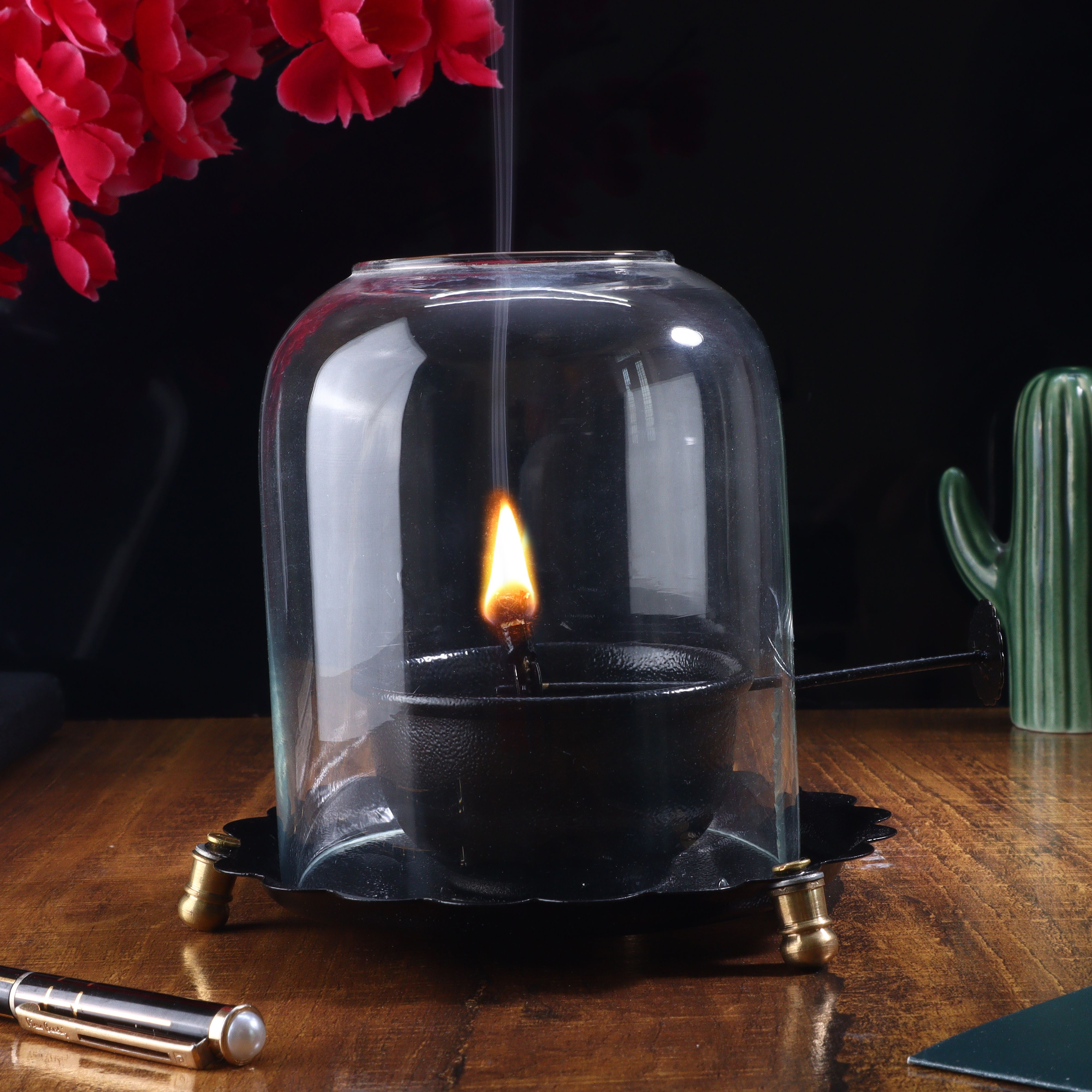 starlight Blac Akhand Diya with Metal Base & Acrylic Frame – Oil Lamp for Pooja & Rituals Black Metal Table Lantern-picture-24