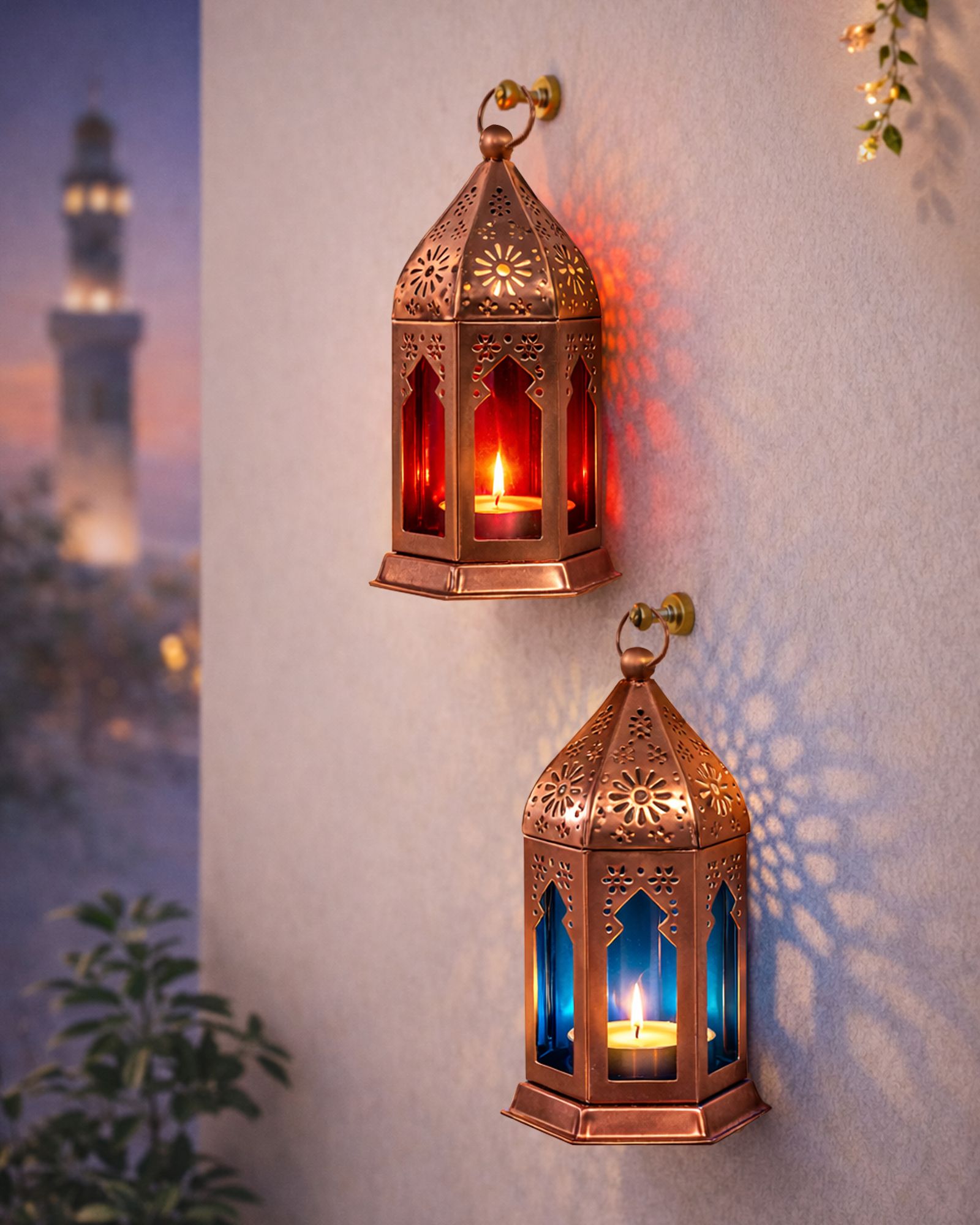 glowhere Vintage Hanging Candle Holders for Ramadan Decor, Eid, Diwali & Festive Set of 2 Multicolor Iron Hanging Lantern-picture-24