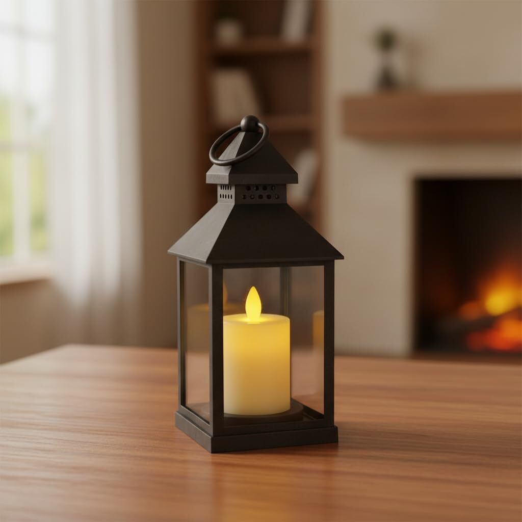 sdhub LED Lantern with Pillar Candle Black Glass, Plastic Hanging Lantern-picture-24
