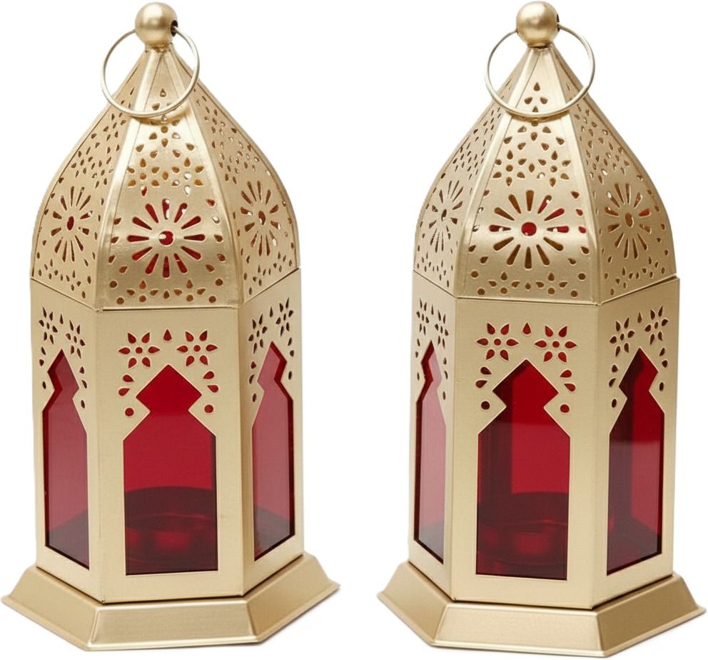 thenextliving Antique Gold Hexagonal Lantern with Red Glass Panels Gold Metal Table Lantern-picture-10