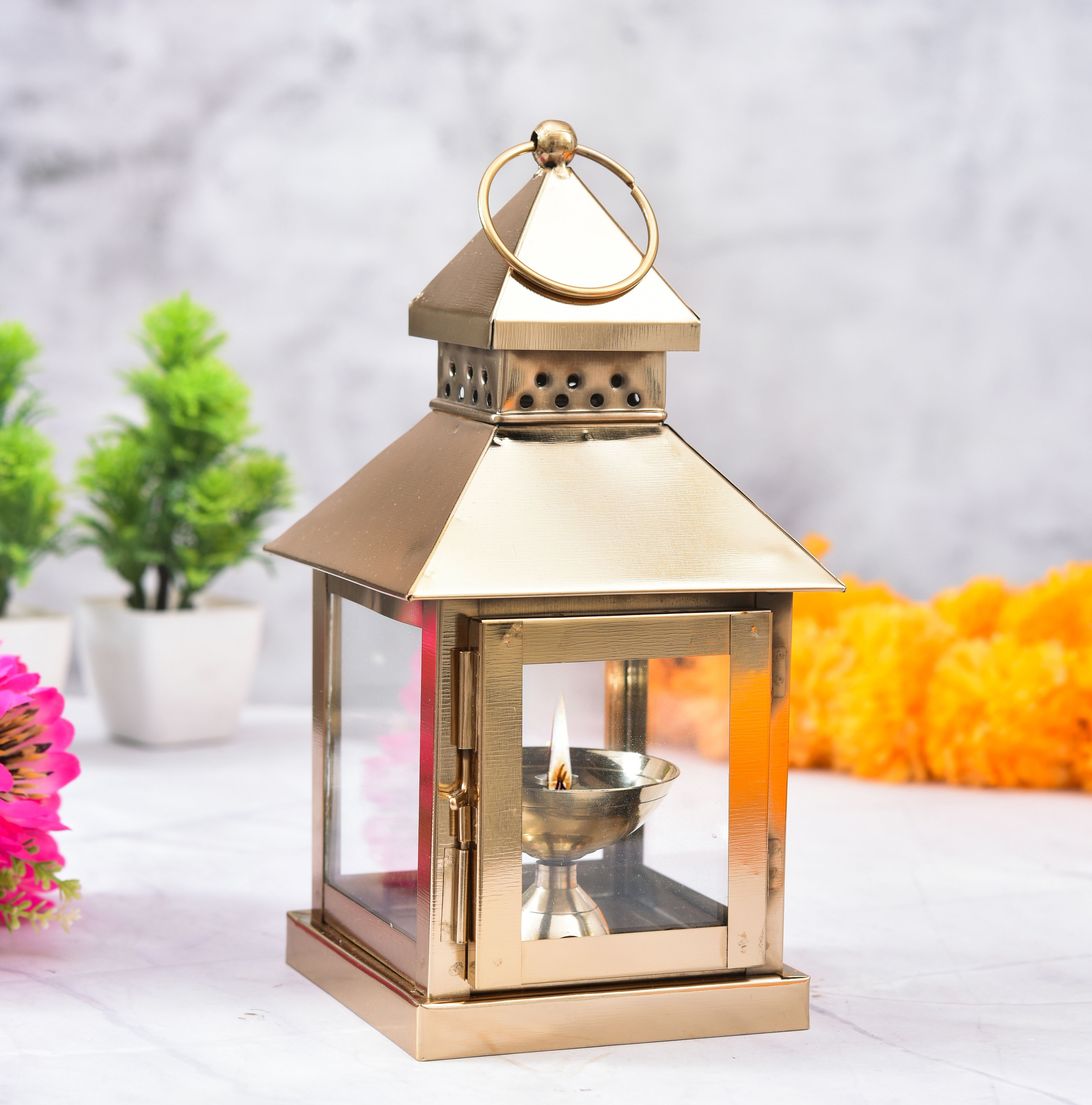 Decorative Iron Lantern for home decor ,Hanging lantern , Akhand diya Gold Iron Table Lantern-image-16