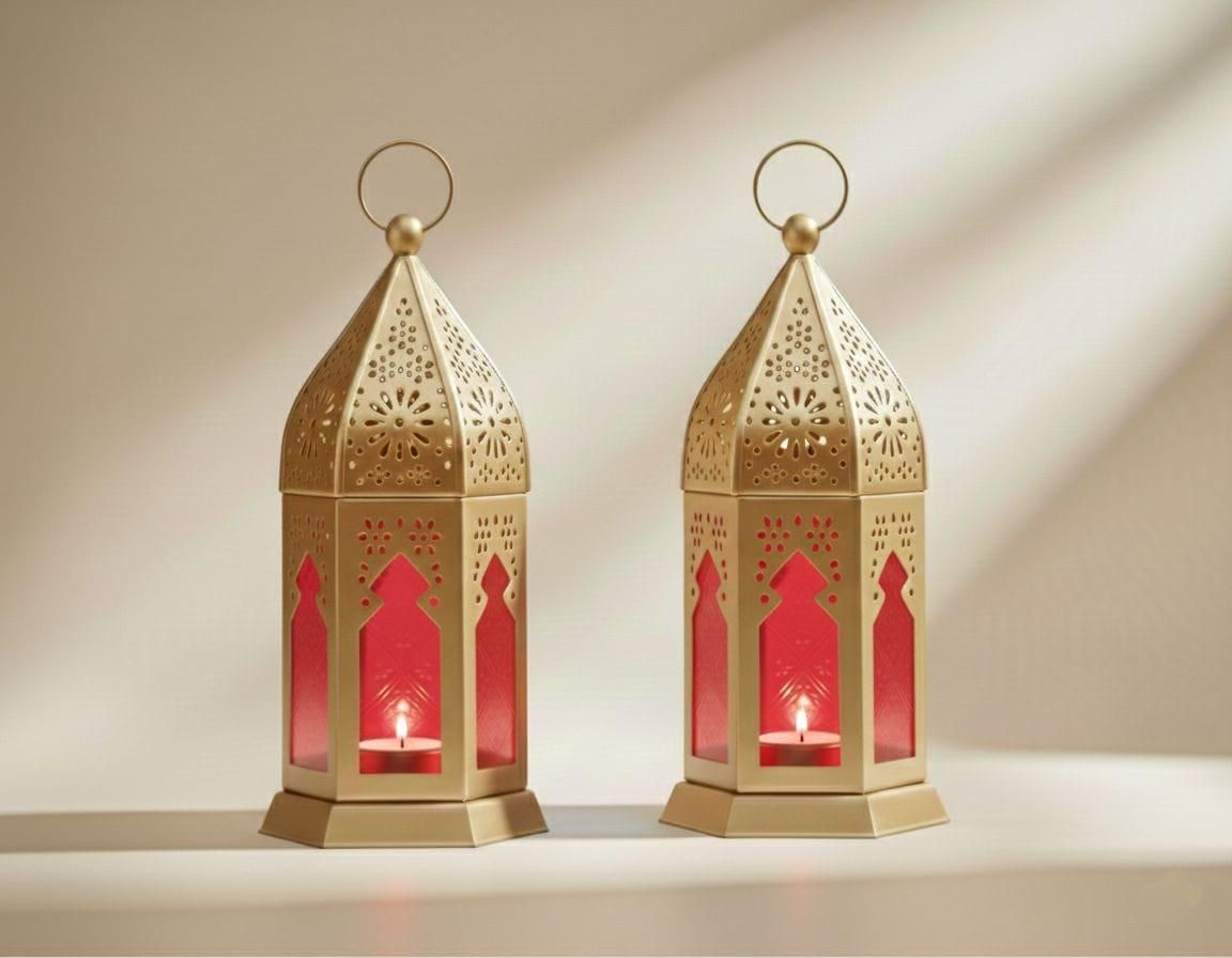 Moroccan Lantern Red-Colored Glass Hanging Tealight Holder (2 Pieces of Red) Gold, Red Iron, Glass Hanging Lantern-image-40