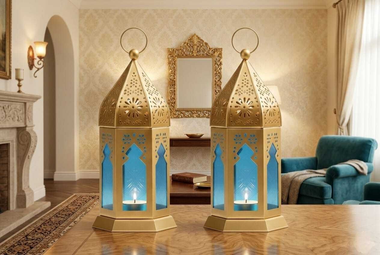 Moroccan Lantern Set with Blue Glass, Gold and Turquoise, Decorative Pack of 2 Gold, Blue Iron, Glass Hanging Lantern-image-33