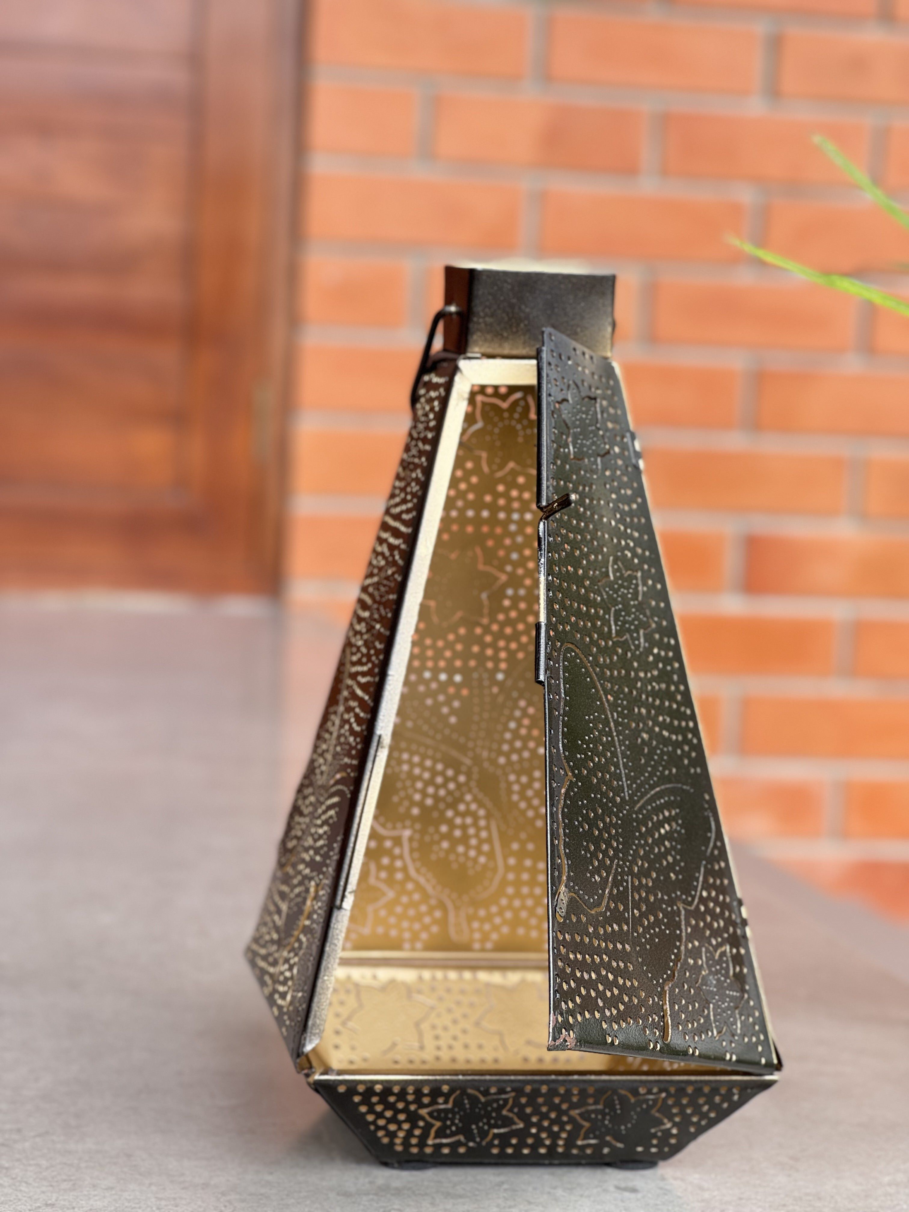 Decorative Metal Lantern with Pyramid Top & Star-Butterfly Cutwork Design Black Metal Table Lantern-image-19