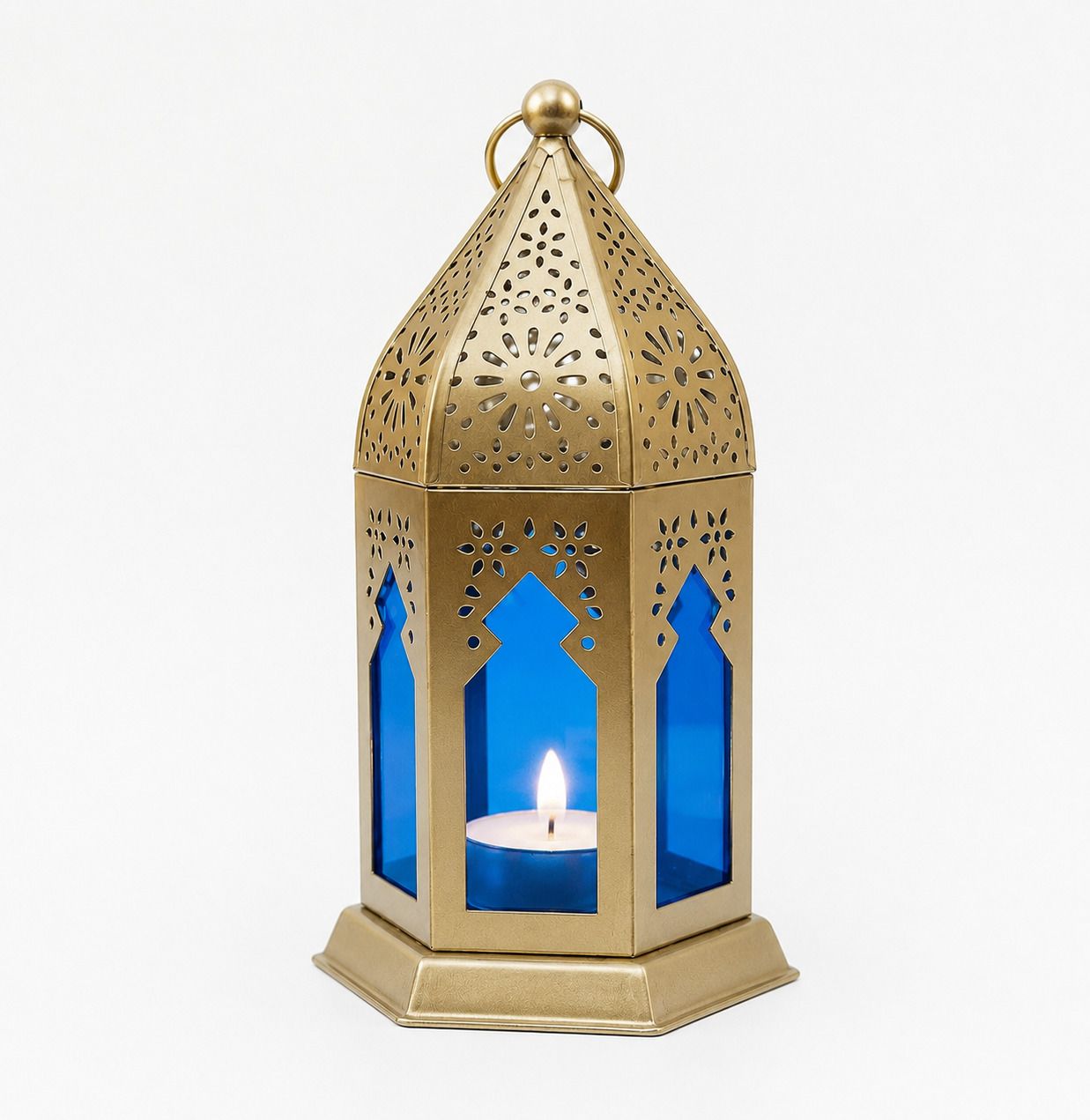 decorifyhub Premium Metal Lantern with Blue Glass Panels for Home & Festive Decoration Gold Iron Table Lantern-picture-29