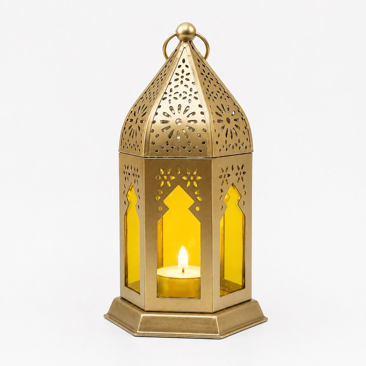 decorifyhub Elegant Moroccan Lantern with Yellow Glass Panels for Home Decor and Gifting Gold Iron Table Lantern-picture-30
