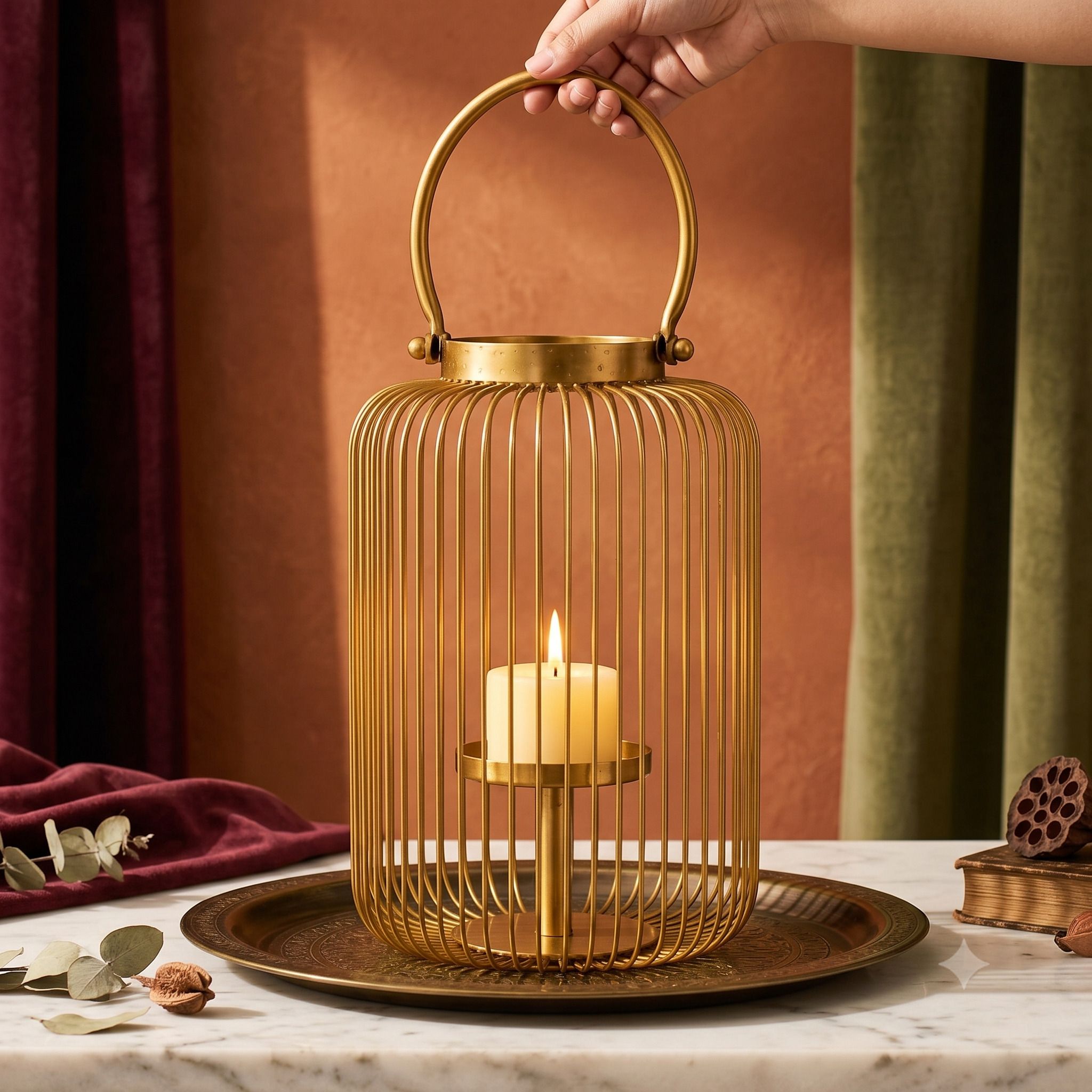 pure source india Gold Iron Wire Cage Lantern Candle Holder for Home Decor, Balcony & Festivals Gold Metal Hanging Lantern-picture-29