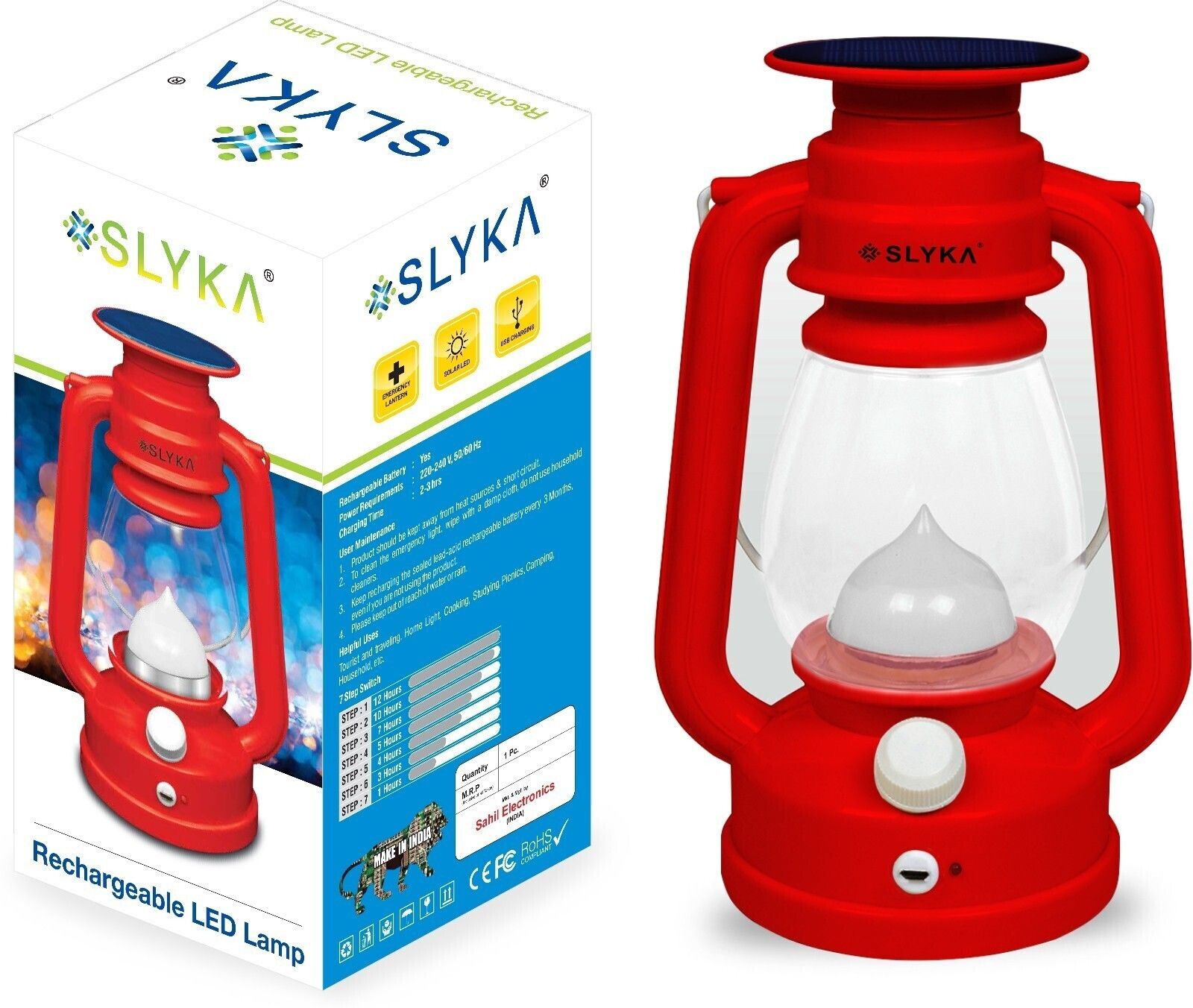LED Lantern With 1st Step Night Lamp Solar Rechargeable Lantern Red, White Plastic Table Lantern