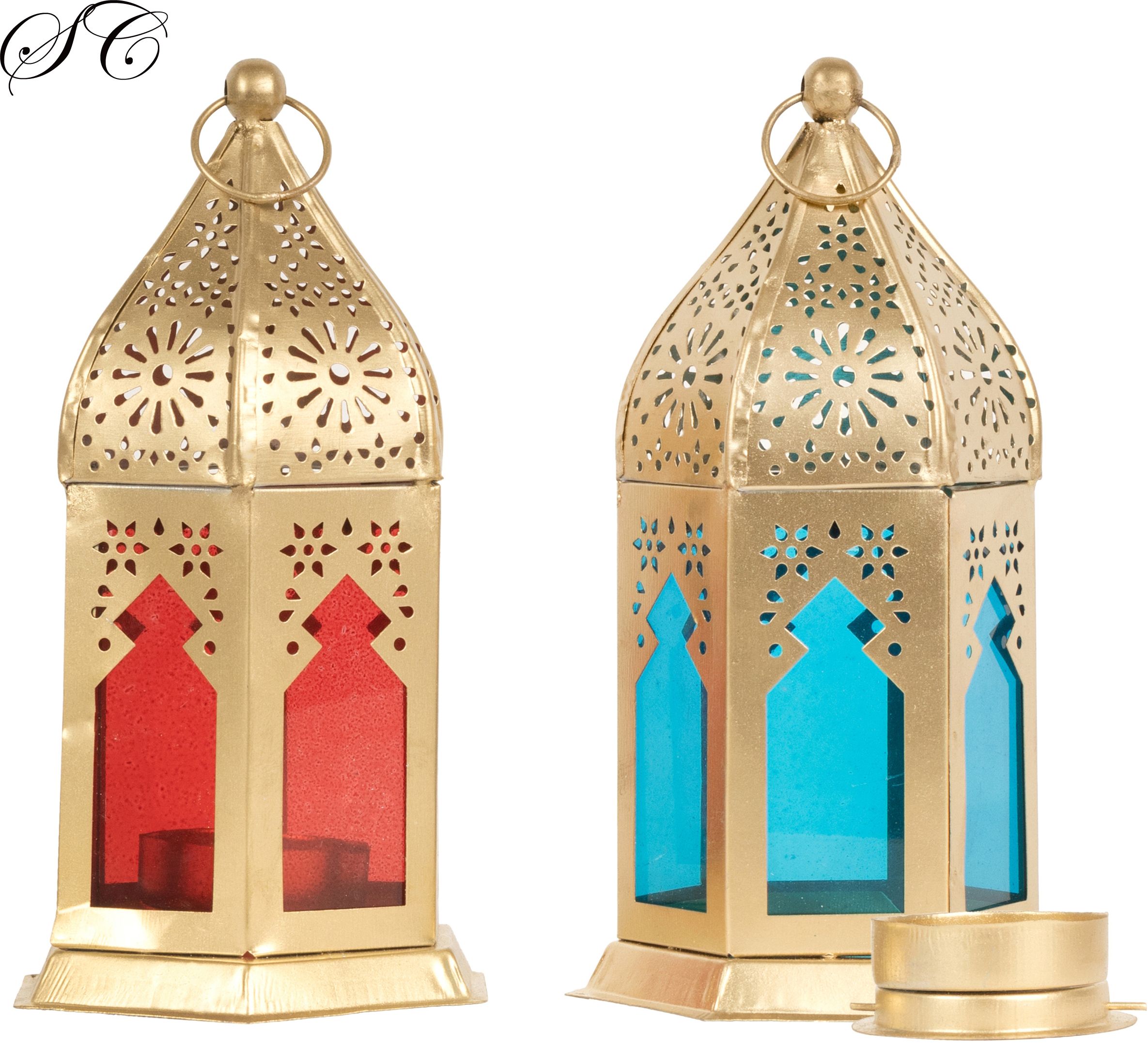 Decorative Hanging Lantern,T-Light Candle Holder Gold, Red, Blue Metal Hanging Lantern