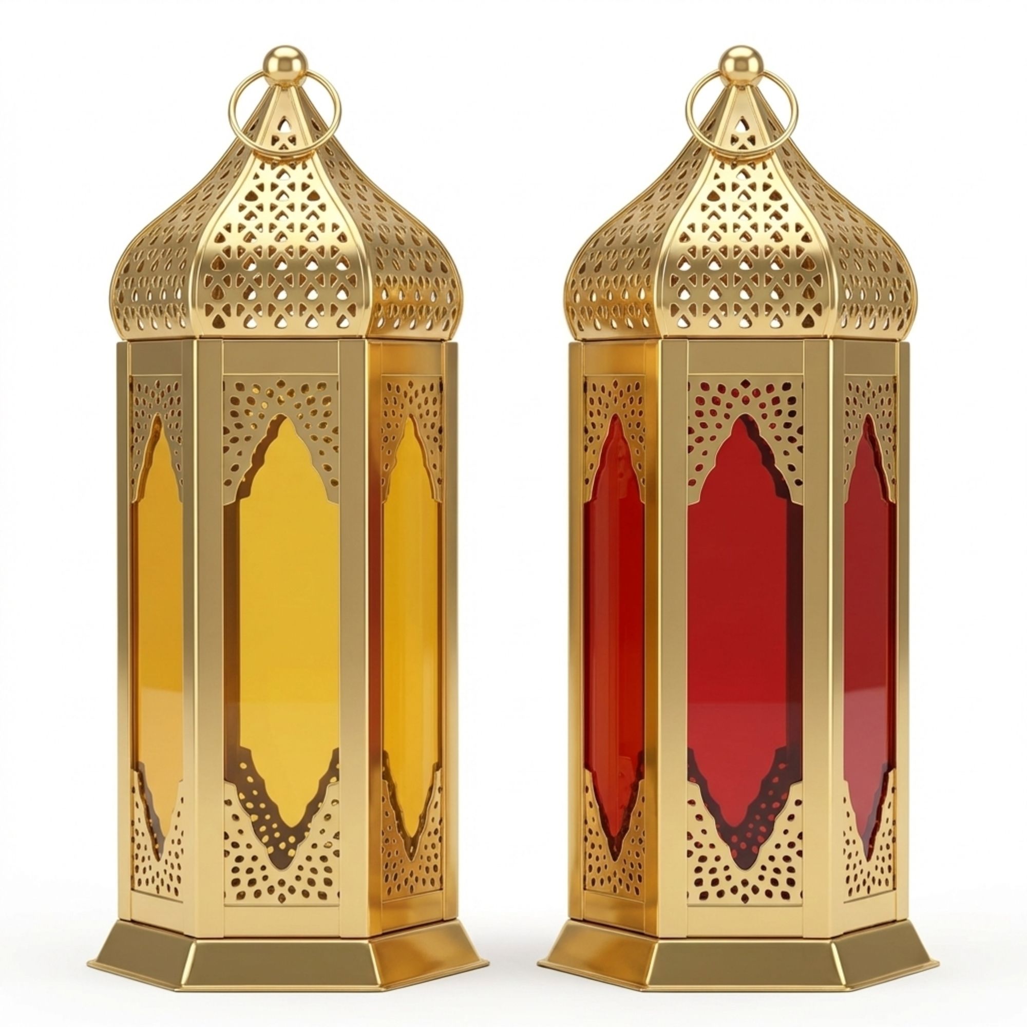 Moroccan Cutwork Metal Lantern Set of 2 Gold, Red, Yellow Iron Hanging Lantern-image-27