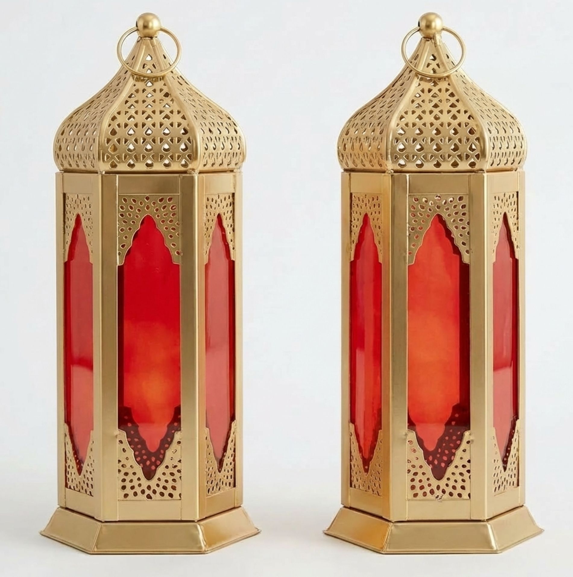 Moroccan Lantern Red Glass Set of 2 Gold, Red Iron Hanging Lantern-image-12