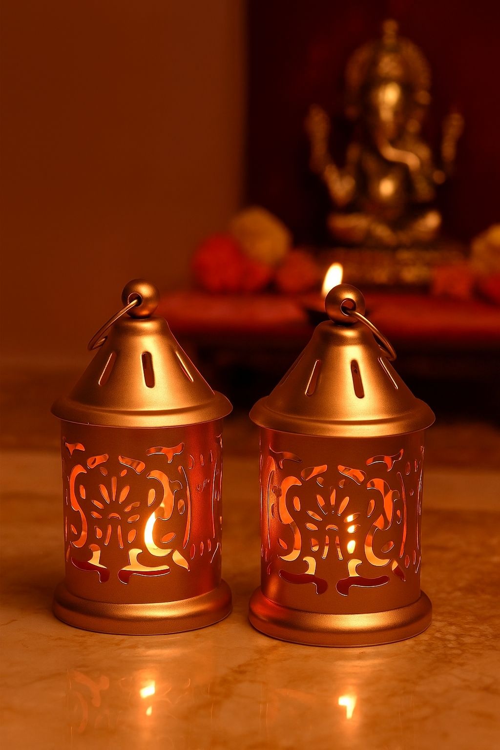 jdexport Decorative Metal Tea Light Lantern – 6x6x12 cm Gold Finish for Diwali, Pooja Gold Iron Table Lantern-picture-34