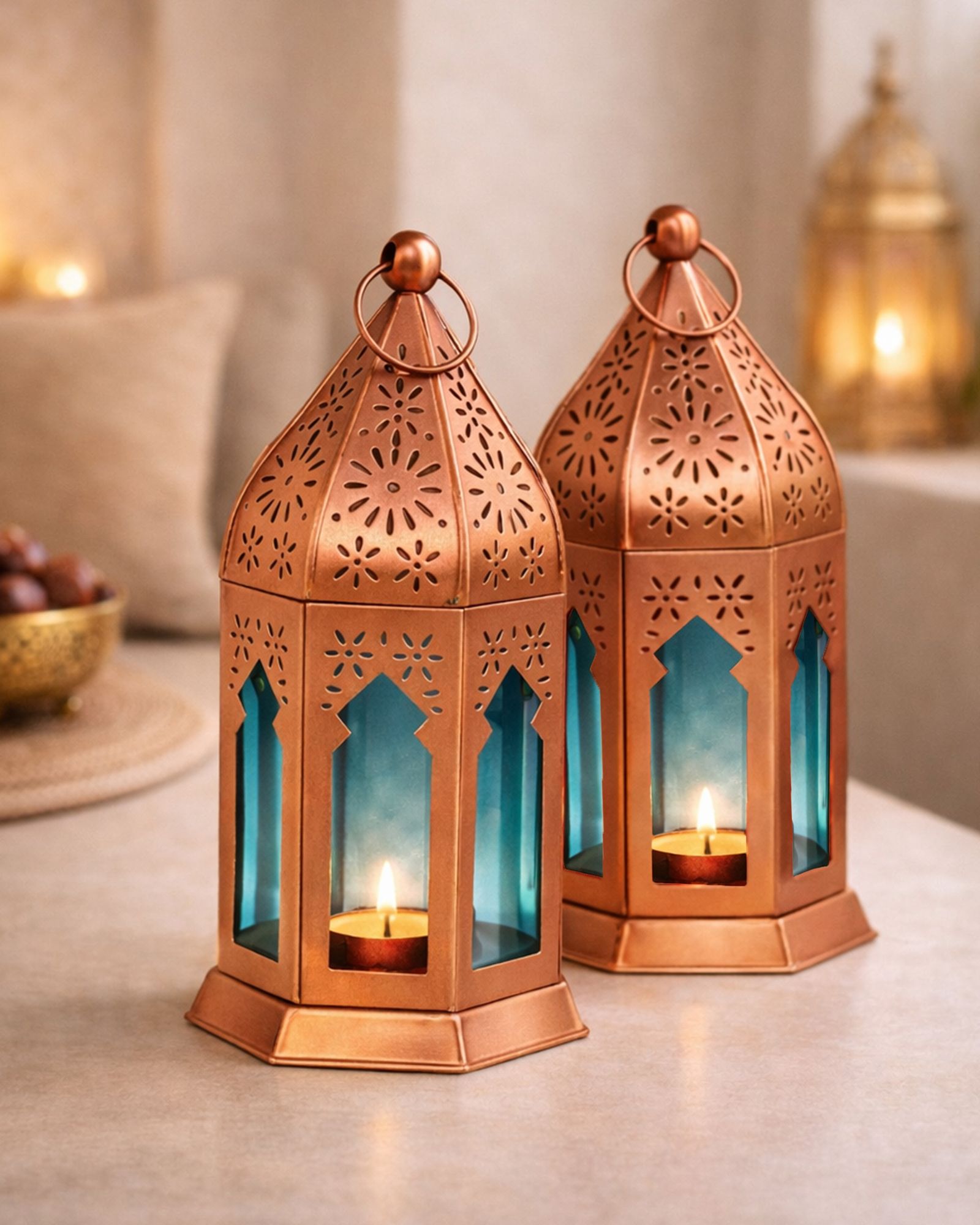 glowhere Vintage Hanging Candle Holders for Ramadan Decor, Eid, Diwali & Festive Set of 2 Blue Iron Hanging Lantern-picture-35
