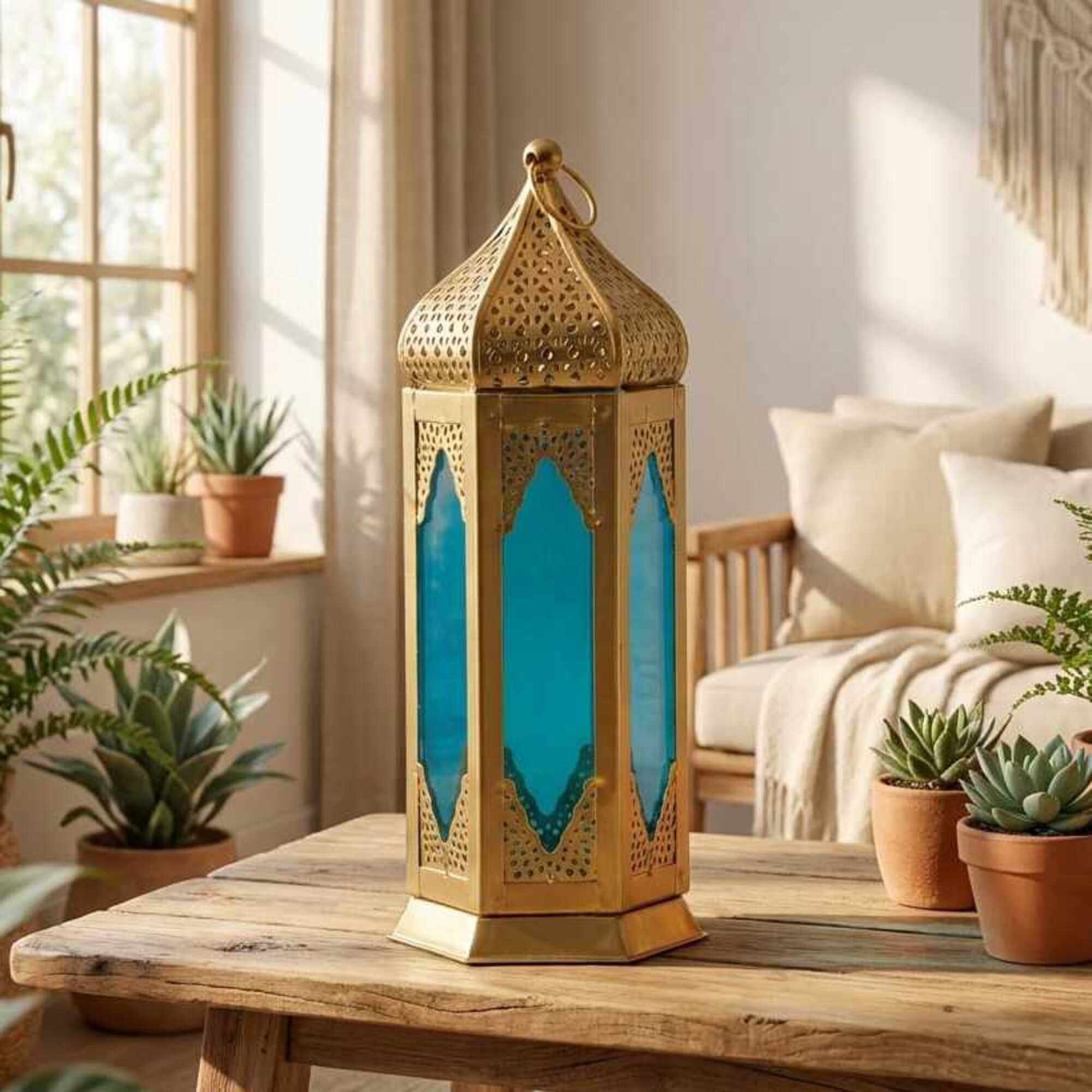 Sky Blue Glass Moroccan Hanging & Table Decor Lantern Blue, Gold Iron Hanging Lantern-image-28
