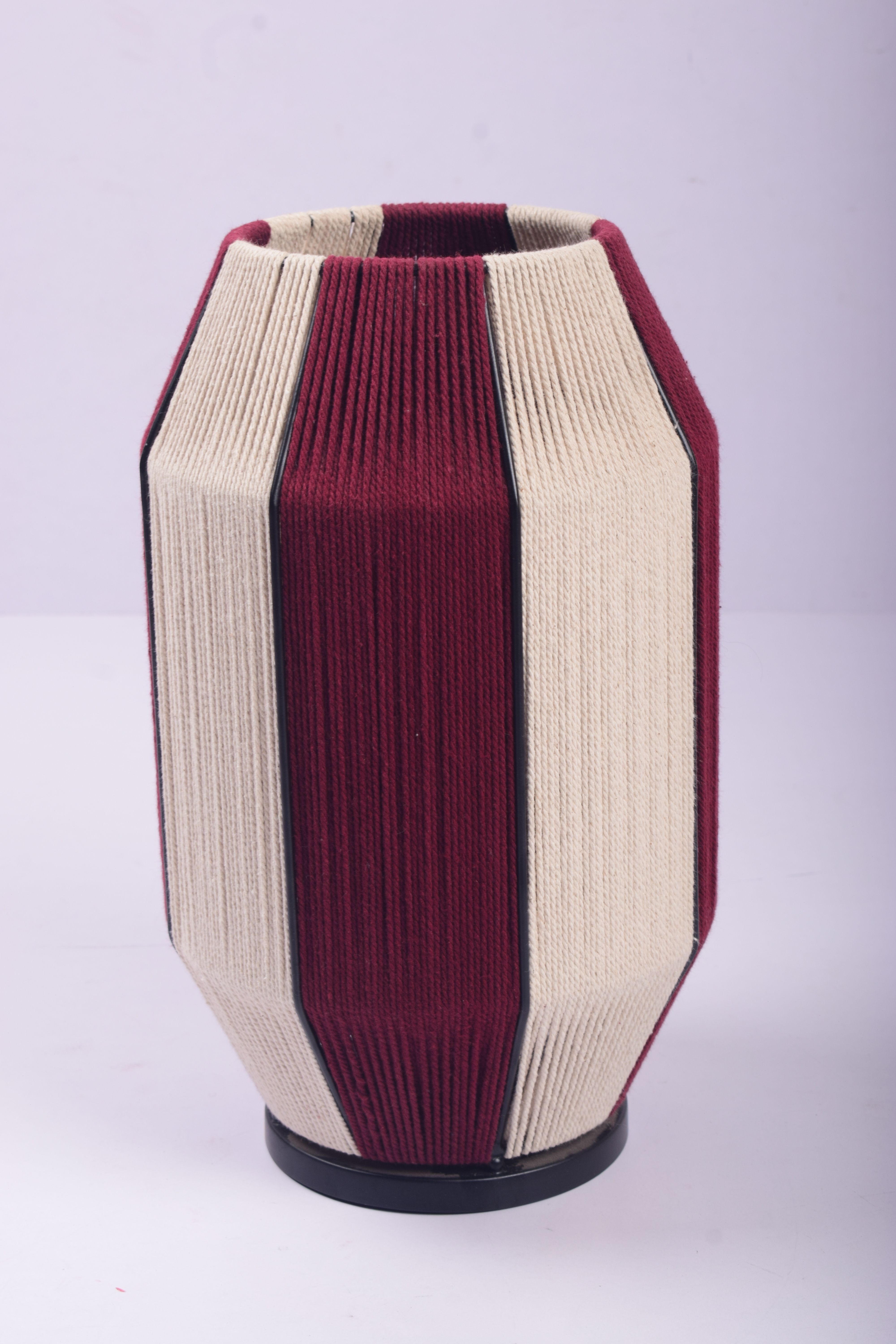 Two-Tone Woven Rope Hurricane Candle Holder Beige, Maroon Stainless Steel, Jute Table Lantern-image-36