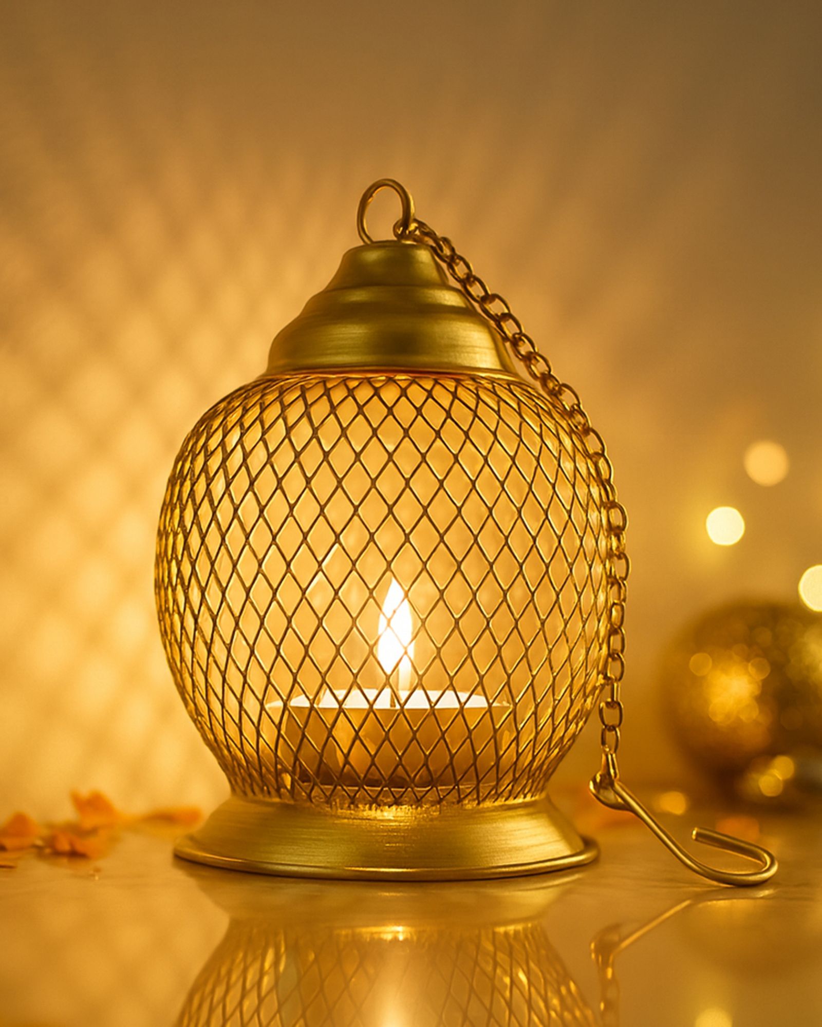 homesake Golden Metal Wire Mesh Candle Holder, Decorative Tabletop Stand for Home, Diwali Gold Metal Hanging Lantern-picture-26