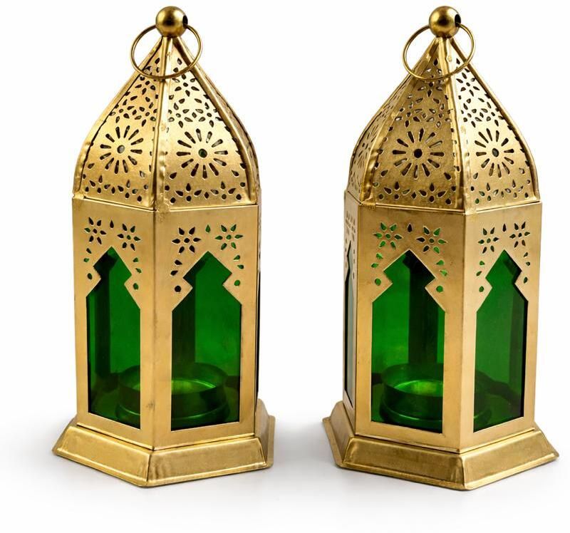 i2collections Decorative Moroccan Lantern with Green Glass, 16 cm x 8 cm Gold Iron Hanging Lantern-picture-16