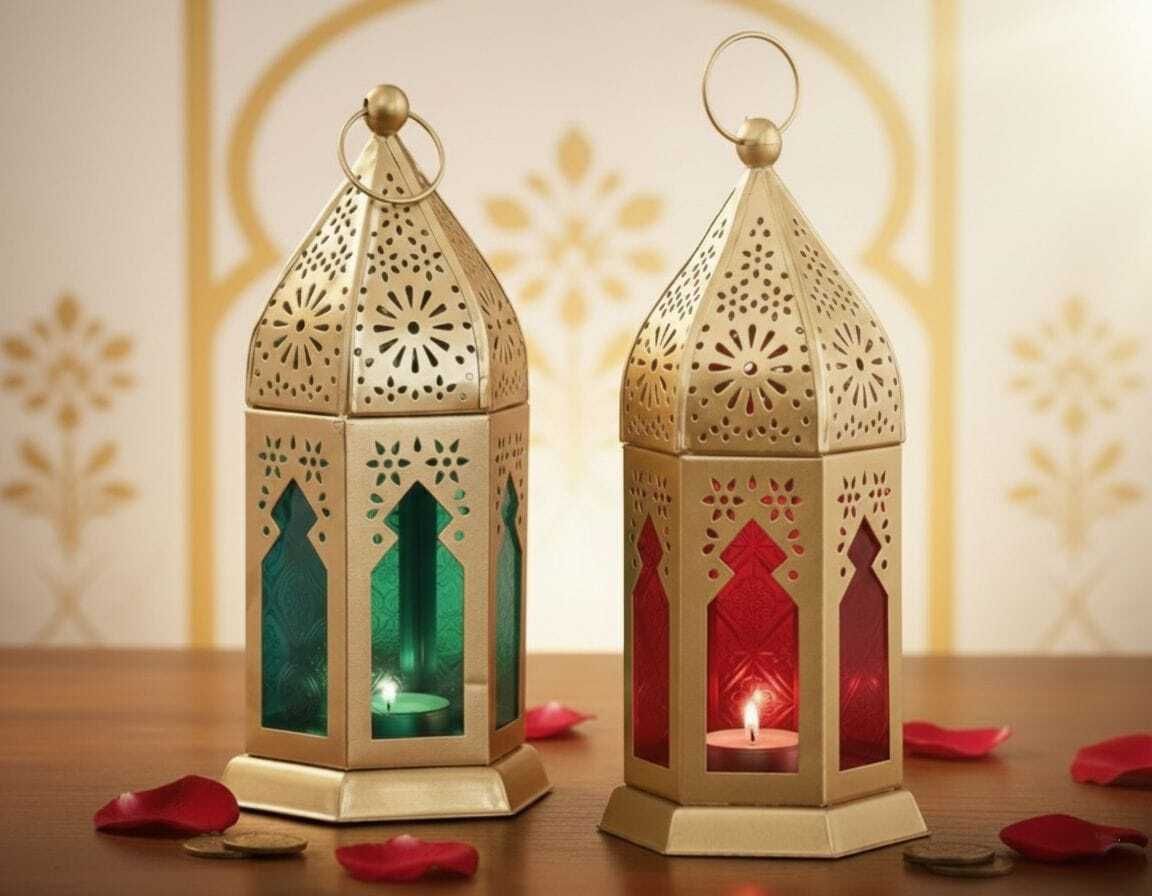 Moroccan Lantern Lamp Candle Holder Multicolor Blue, Red, Gold Iron, Glass Hanging Lantern-image-32