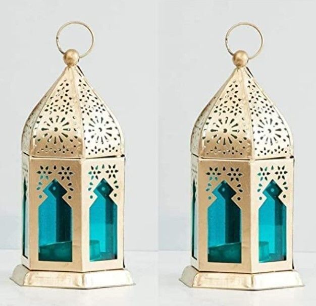 Gold, Blue Iron Hanging Lantern