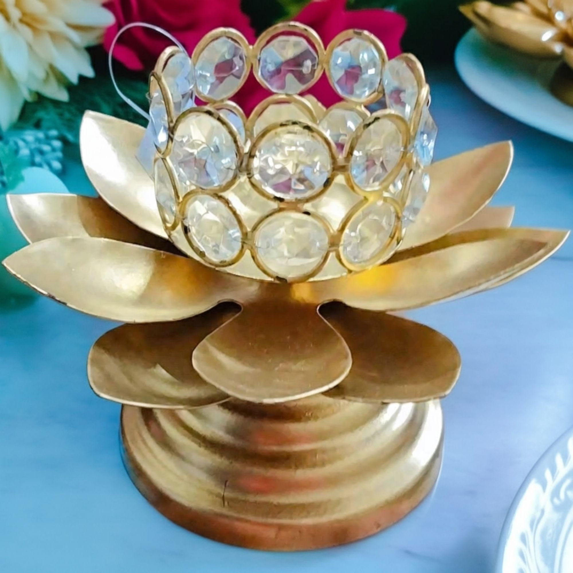 LOTUS GOLD PLATED CANDLE HOLDER Gold Gold Plated Table Lantern-image-8