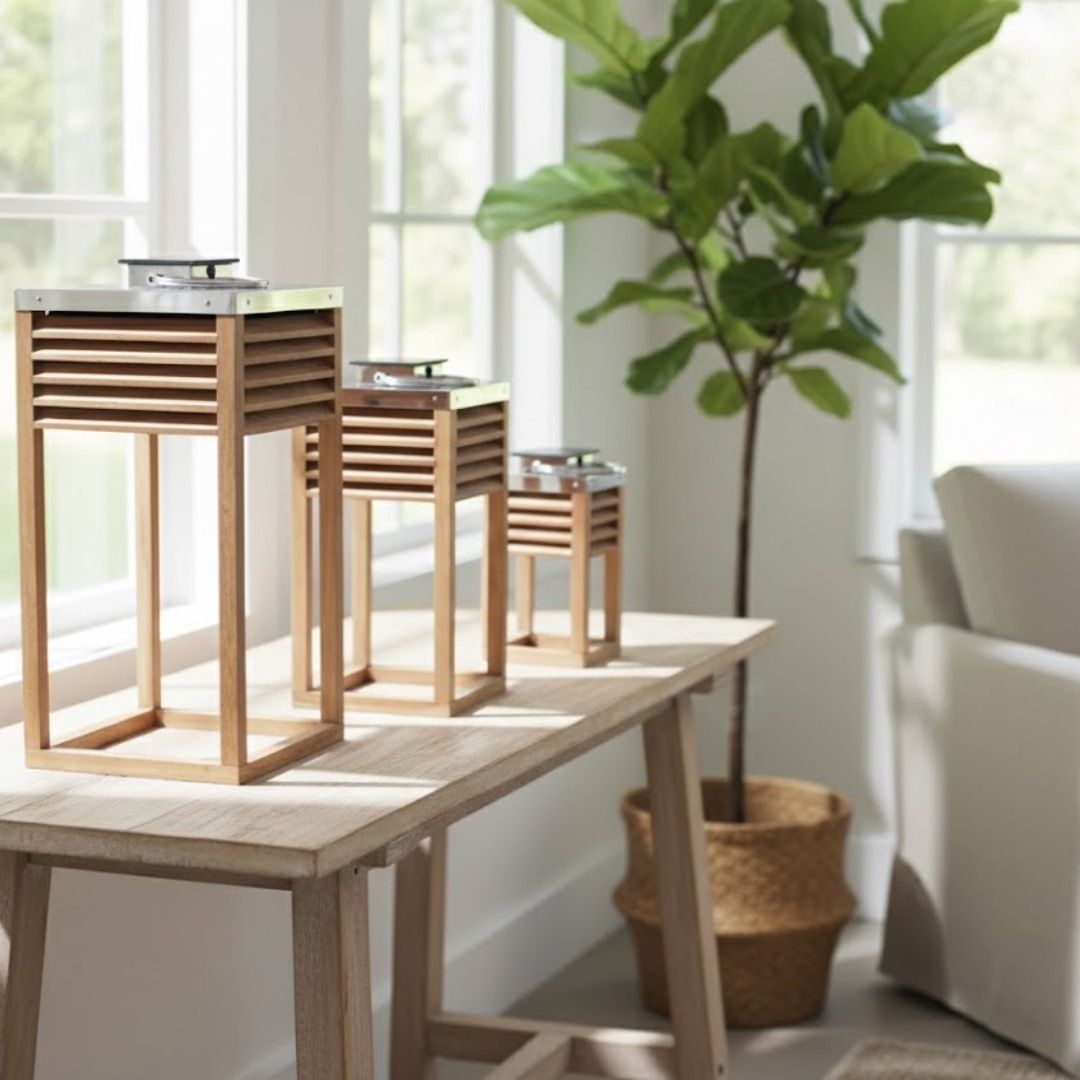 outset Set of 3 Solar Lanterns – Wood & Steel Fusion Brown Wooden Table Lantern-picture-20