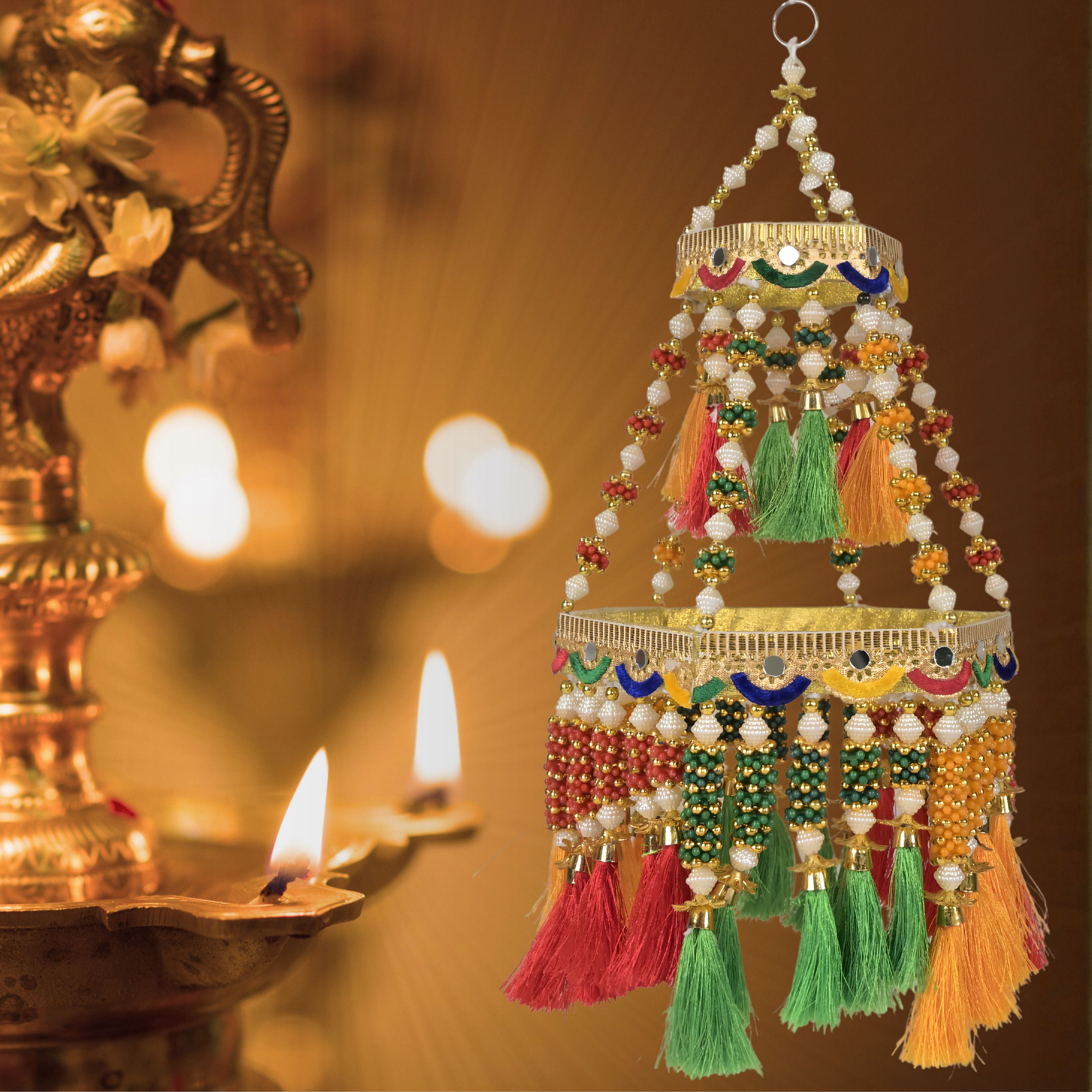 Handmade Rajasthani Jhumar For Living Room|Home Decor|Traditionally Designed Multicolor Cotton, Plastic Hanging Lantern-image-30
