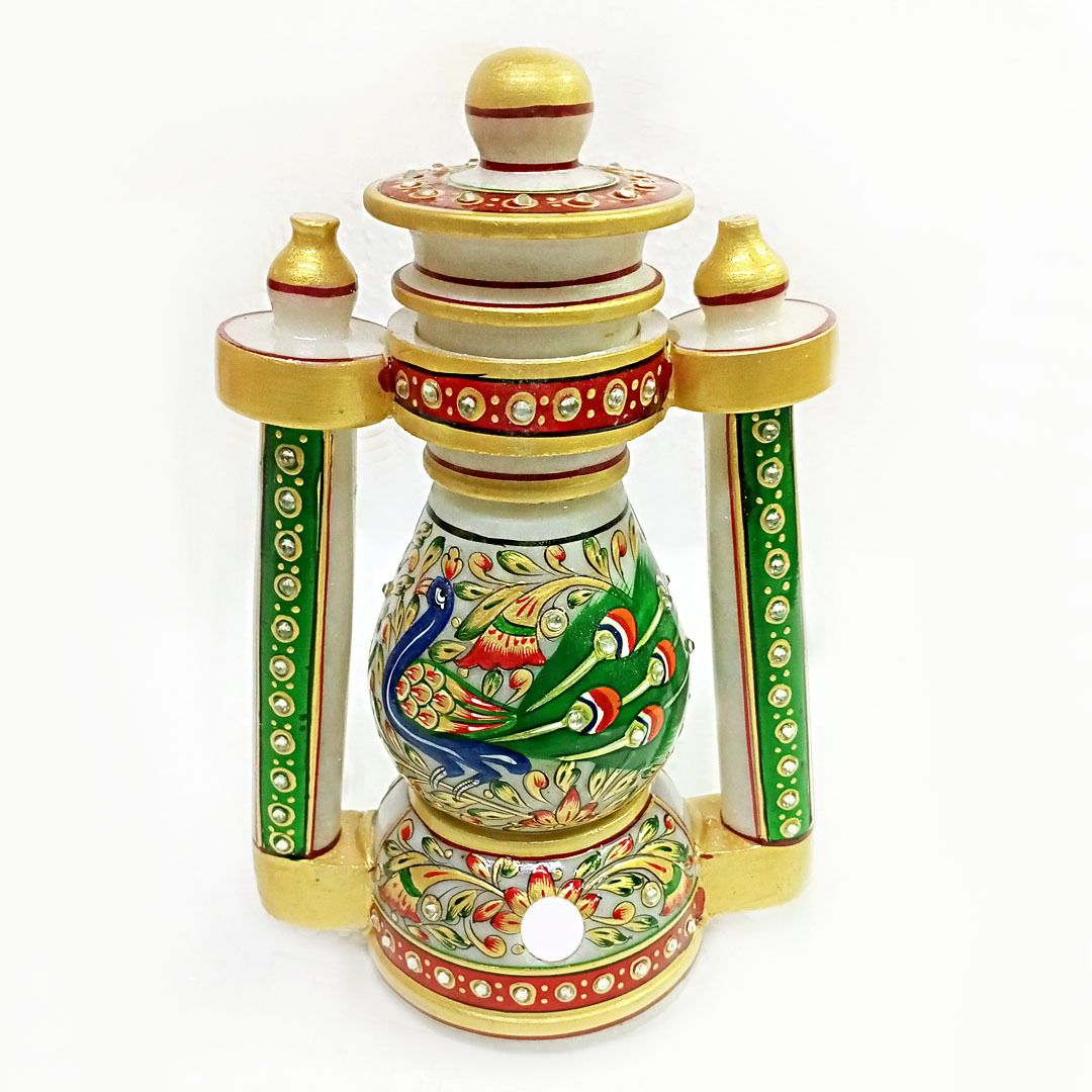 salona home Marble Lantern Lamp for Home Decoration, Meenakari Work Cute Lalten with Bulb Multicolor Marble Table Lantern-picture-44