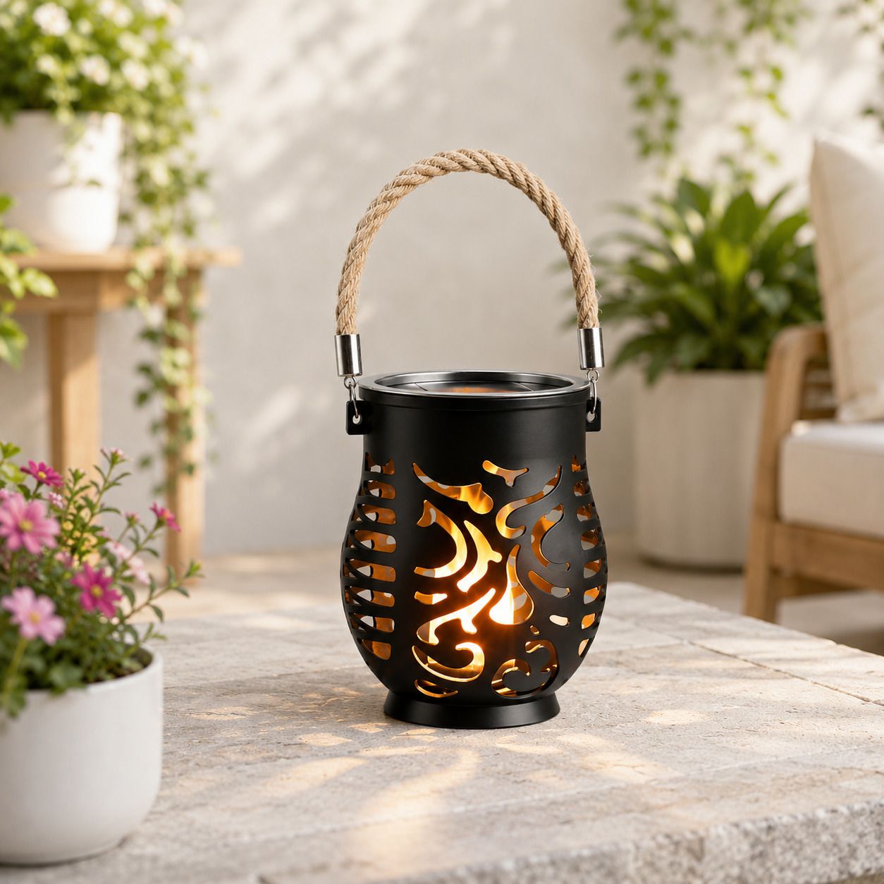 aastik Solar Flame Lantern Light with Hanging Rope Handle for Garden & Outdoor Décor Black Plastic Hanging Lantern-picture-43
