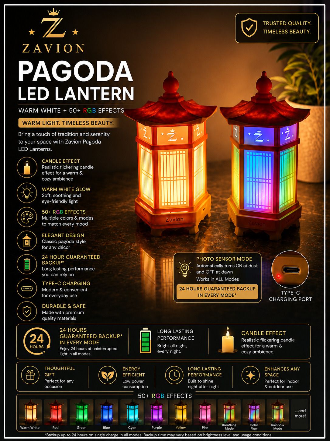 Zavion Pagoda LED Lantern - Rechargeable, 50+ RGB Colors Beige Plastic Table Lantern-picture-34