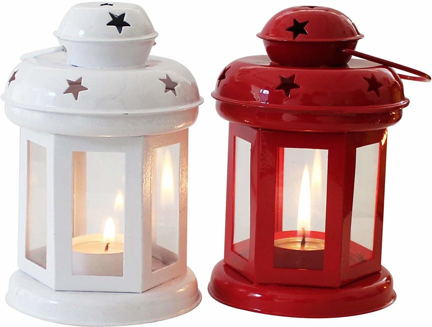 Hanging Lantern Decorative Tea Light Holder From iHandikart Handicrafts Home Decor White And Red color Iron Lamp With Candle Tealights & Fastiv Decor 10x10x14 cm (IHK22005) Set of 2 White Iron Hanging Lantern-image-12