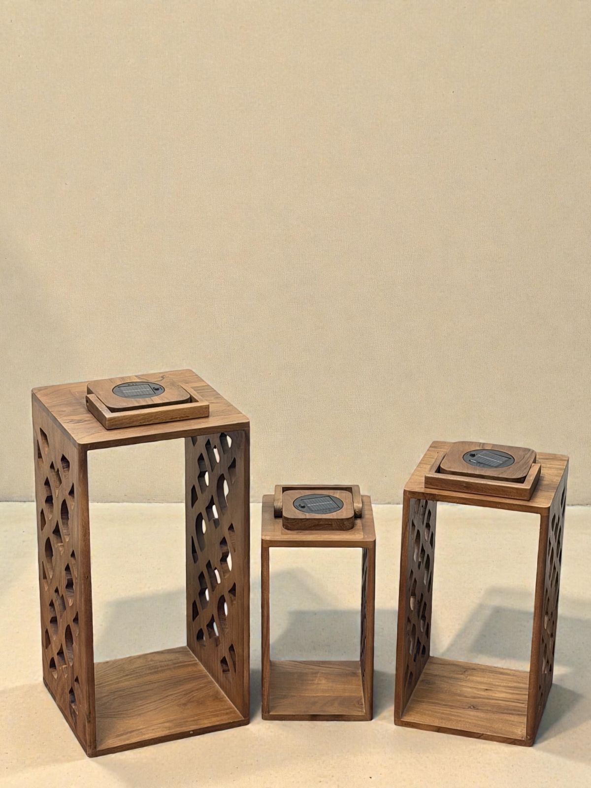 outset Set of 3 Handcrafted Moroccan Lattice Cut – Acacia Wood Solar Lantern Brown Wooden Table Lantern-picture-40
