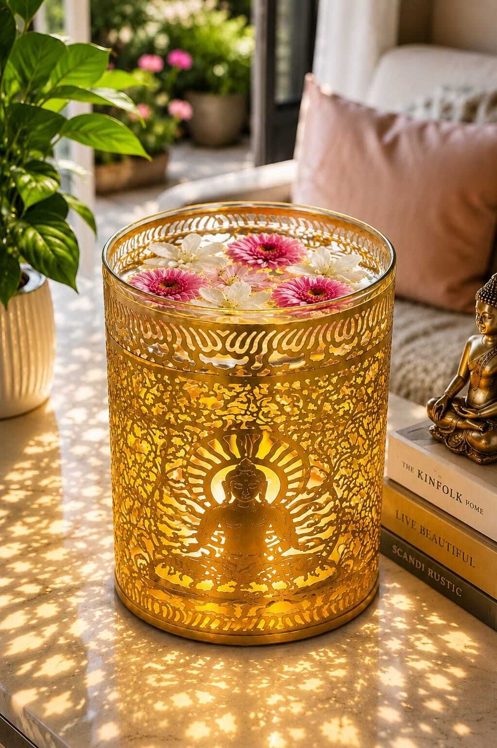 Metal Buddha Table Lamp Decorative Ambient Light for Home Living Room Décor Gold Metal, Glass Table Lantern-image-14
