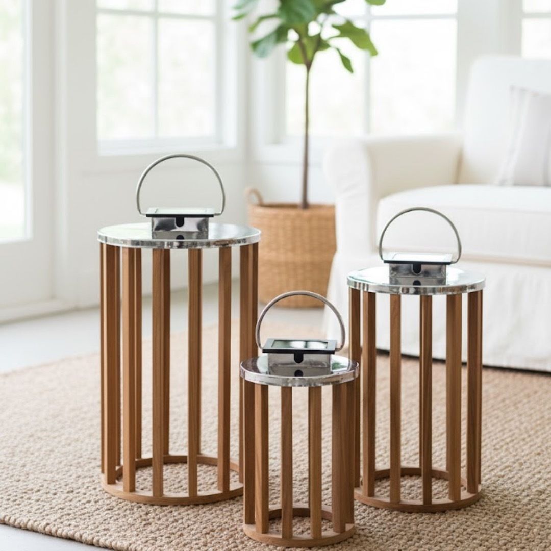 outset Set of 3 Round Solar Lanterns – Wood & Steel Harmony Brown Wooden Table Lantern-picture-26