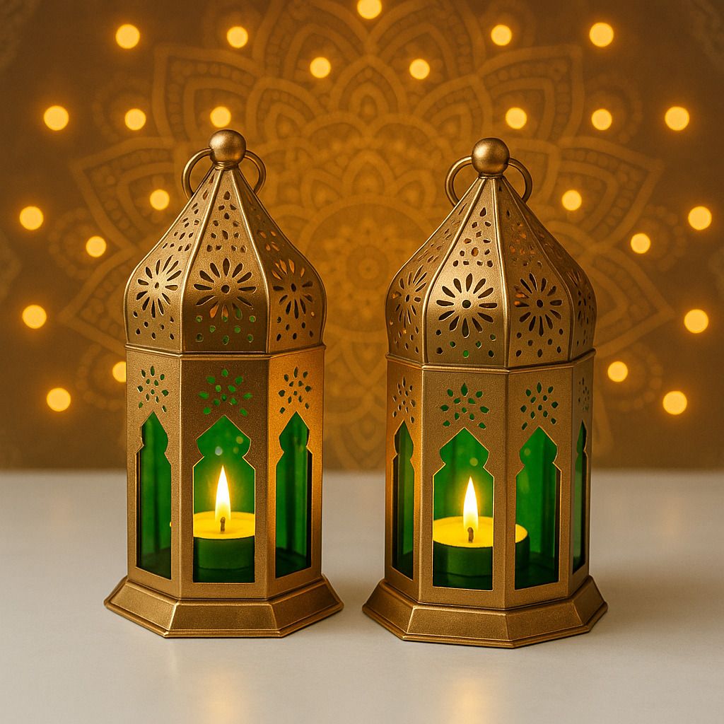 d4decor Moroccan Lantern with Tealight Candle Holder with Gold Metal Hanging Lantern-picture-36
