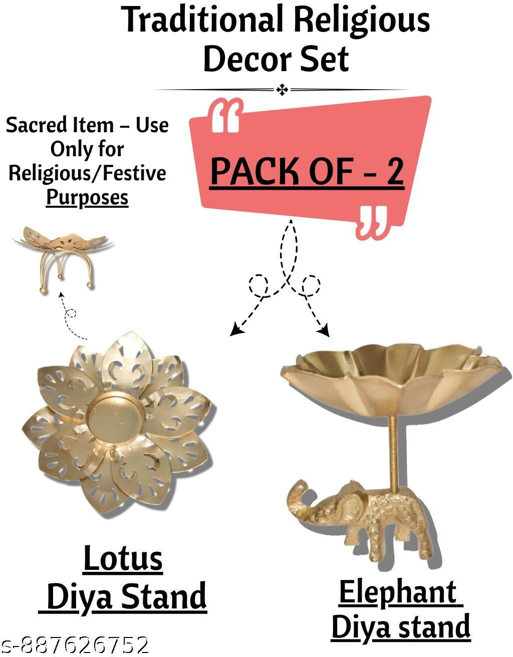 daily bhagavatam Traditional Lotus & Elephant Decorative Diya Stand Set Gold Aluminium Table Lantern-picture-46
