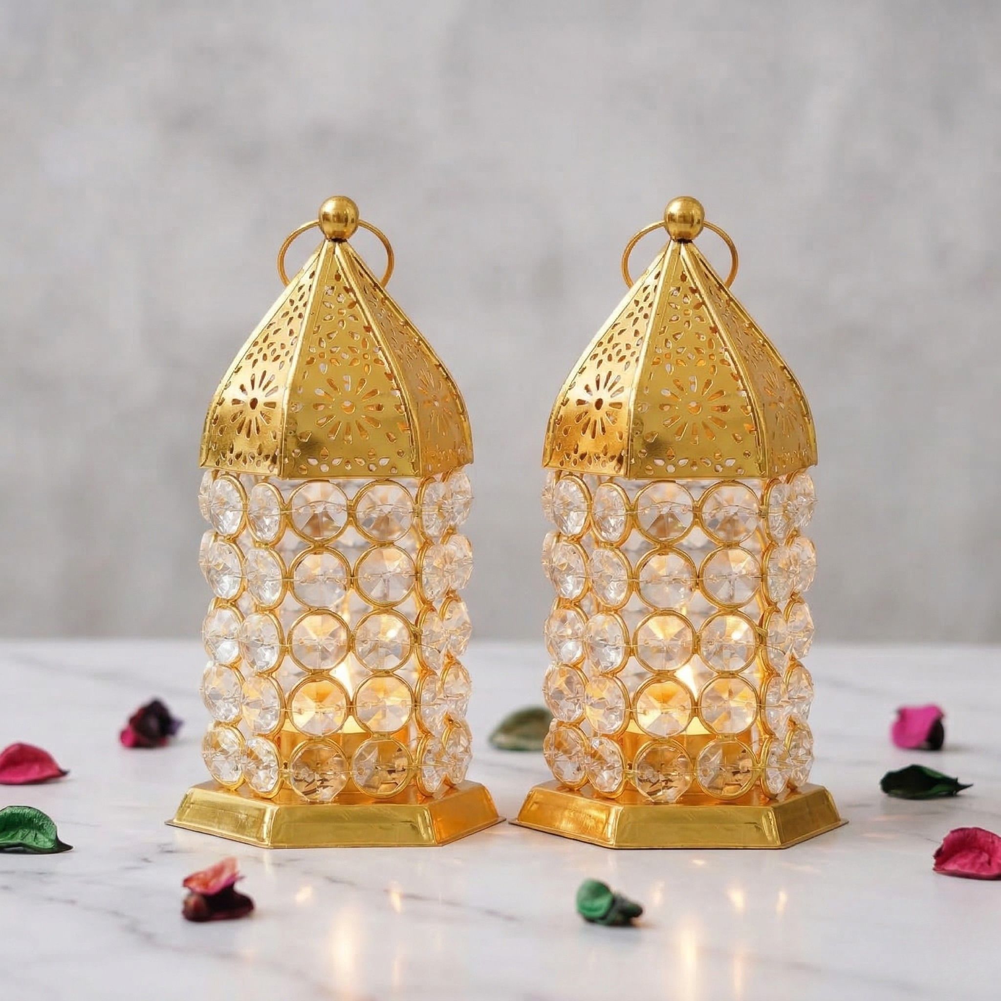 Decorative Metal Crystal Lantern | Gold Hanging Tealight Holder | Gold Iron Hanging Lantern-image-46