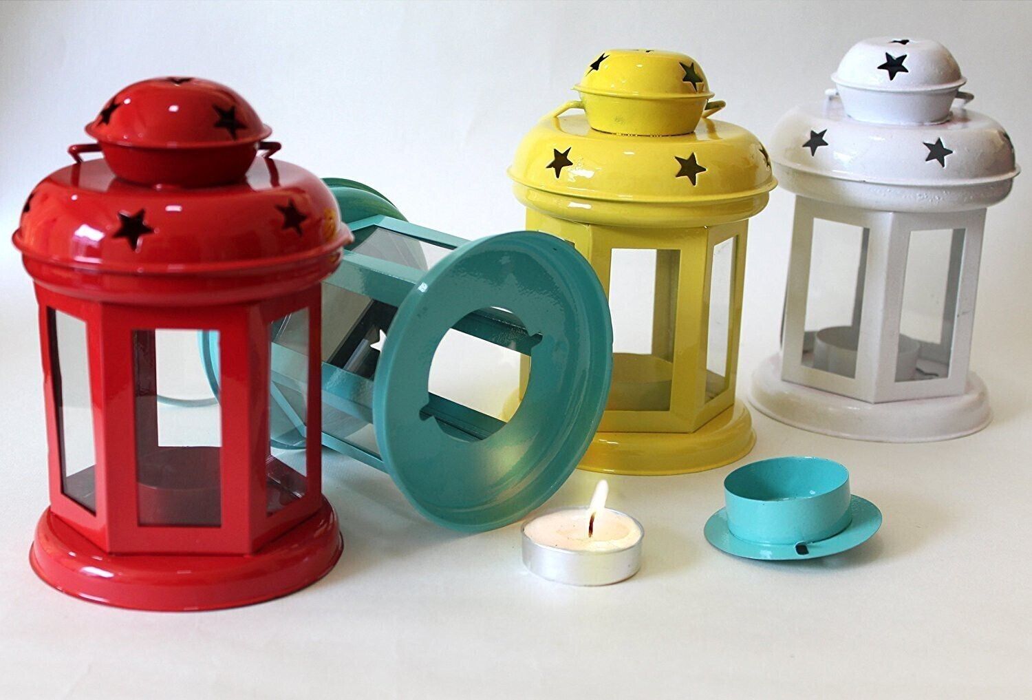 Hanging Lantern Decorative Tea Light Holder From iHandikart Handicrafts Home Decor Red,White,Blue And Yellow color Iron Lamp With Candle Tealights & Festive Decor 10x10x14 cm (IHK22009) Set of 4 Multicolor Iron Hanging Lantern-image-46