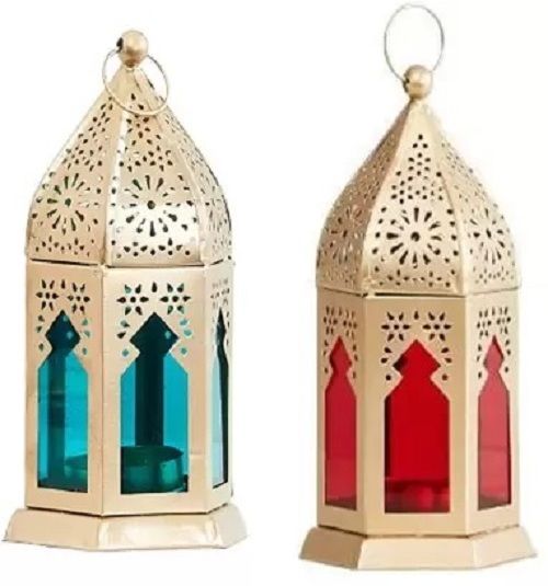 METAL DECORATIVE GOLDEN LANTERN CANDLE HOLDER, SET OF 2, TEALIGHT HANGING Multicolor Metal Hanging Lantern-image-21